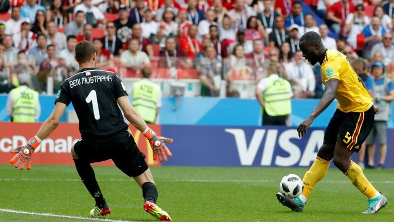 Romelu Lukaku scores Belgium’s third against Tunisia. Felipe Trueba/EPA