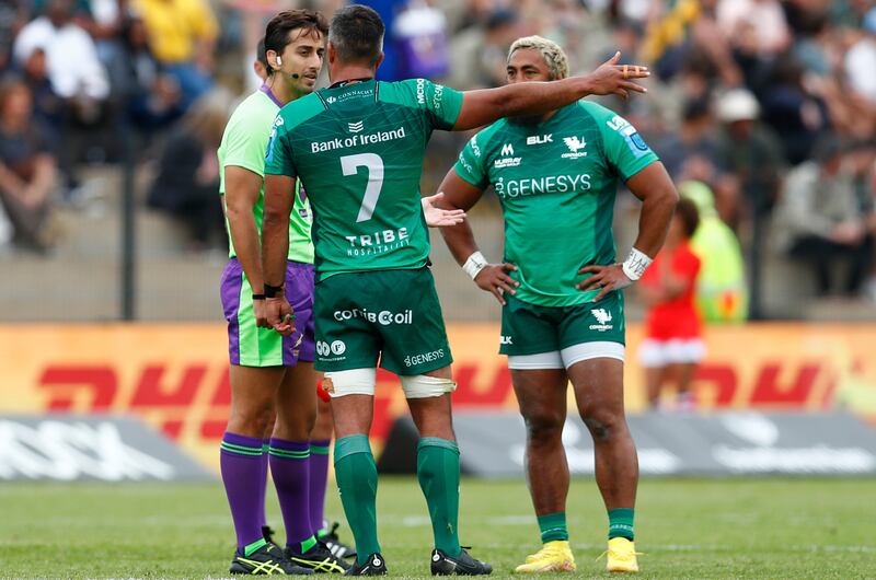 Referee Gianluca Gnecchi talks to Jarrad Butler of Connacht regarding a potential red card for Bundee Aki. The incident resulted in a serious injury – Seabelo Senatle of the Stormers being the unfortunate victim. Photograph: Steve Haag/Inpho