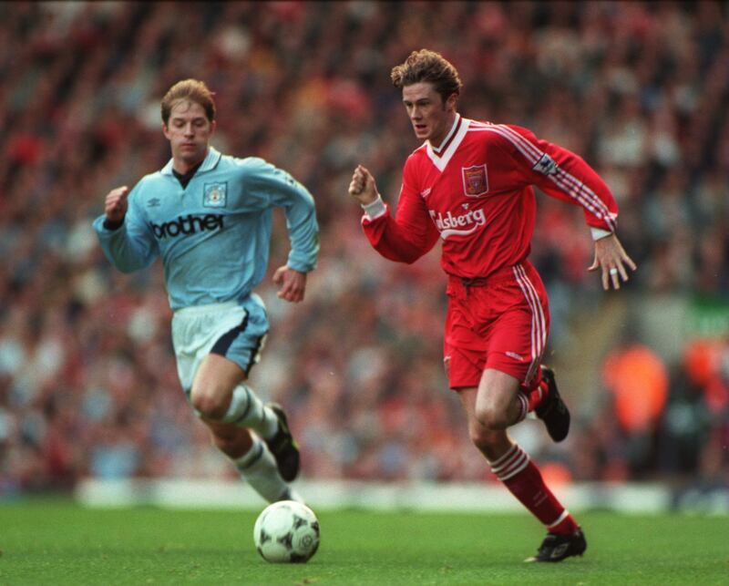 Steve McManaman leads another Liverpool attack during their 6-0 win over Manchester City in October 1995. Photograph: Phil Cole/Aallsport