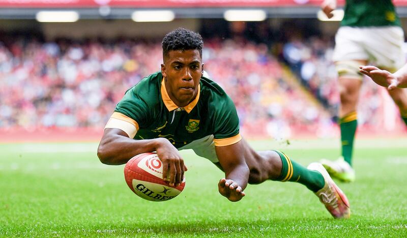 Canan Moodie of South Africa scores a try against Wales at the Principality Stadium. Photograph: Andy Watts/Inpho 