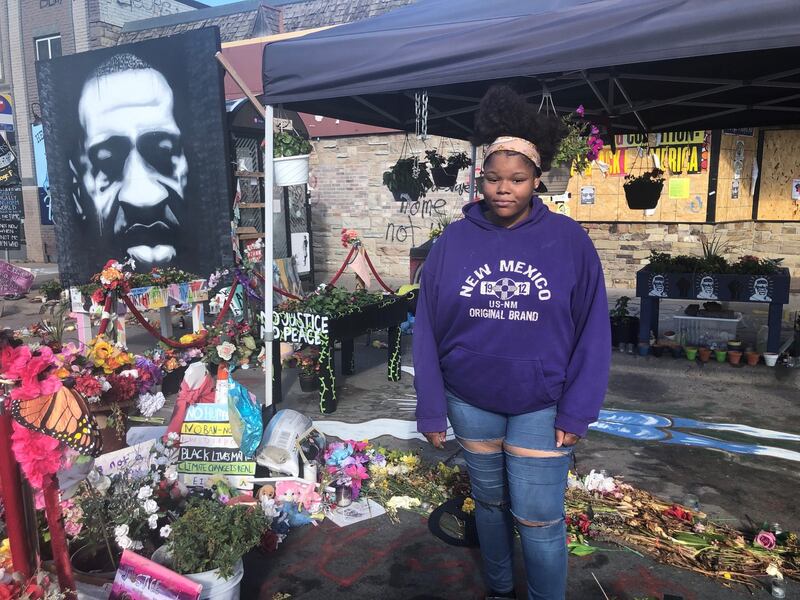 Cynthia Fitzgerald (18) at the site of the George Floyd killing in Minneapolis. Photograph: Suzanne Lynch