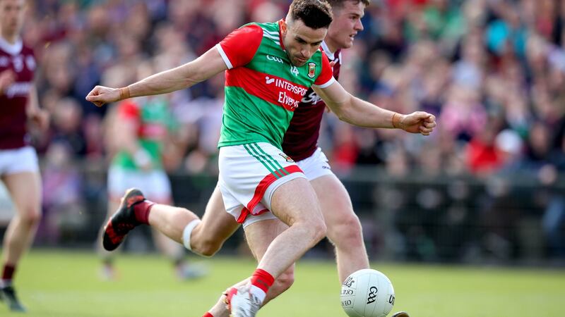 Mayo’s Jason Doherty shoots at goal during his team’s defeat to Galway. Photograph: Ryan Byrne/Inpho