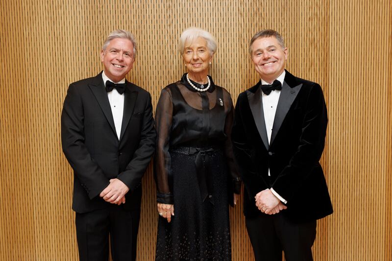 Ian Hyland, president of Business & Finance magazine with Christine Lagarde, president of the European Central Bank and Minister for Finance Paschal Donohoe at the Sutherland Leadership Award dinner at O’Reilly Hall, University College Dublin. Photograph: Andres Poveda

