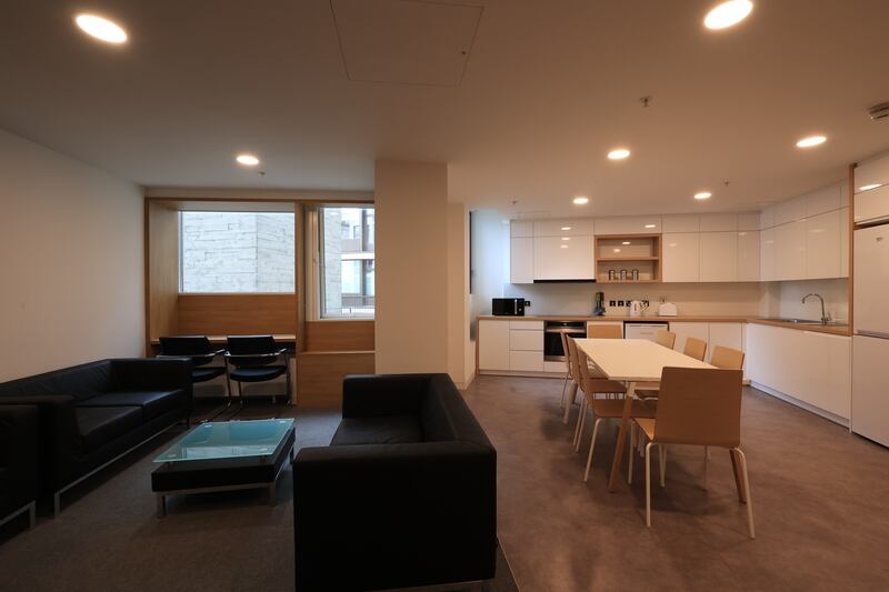 Shared kitchen and communal area. Trinity College Dublin's Printing House Square student accommodation for tourists. Photograph: Nick Bradshaw