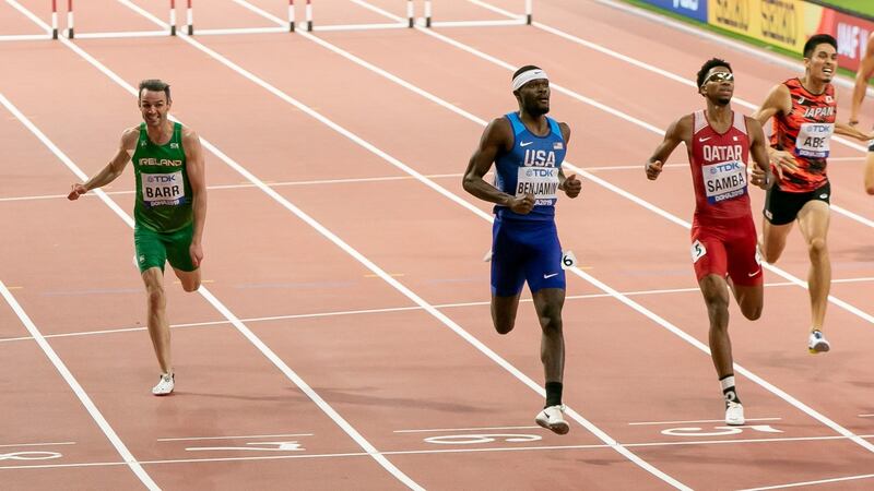 Thomas Barr shows the strain as he reaches for the finishing line in the semi-finals of the 400m hurdles at the World Athletics Championships in Doha, Qatar.  Photograph: Morgan Treacy/Inpho