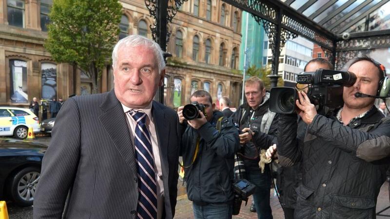 Former taoiseach of Ireland Bertie Ahern arrives for the Ian Paisley memorial service at the Ulster Hall  in Belfast. Photograph:  Charles McQuillan/Getty Images