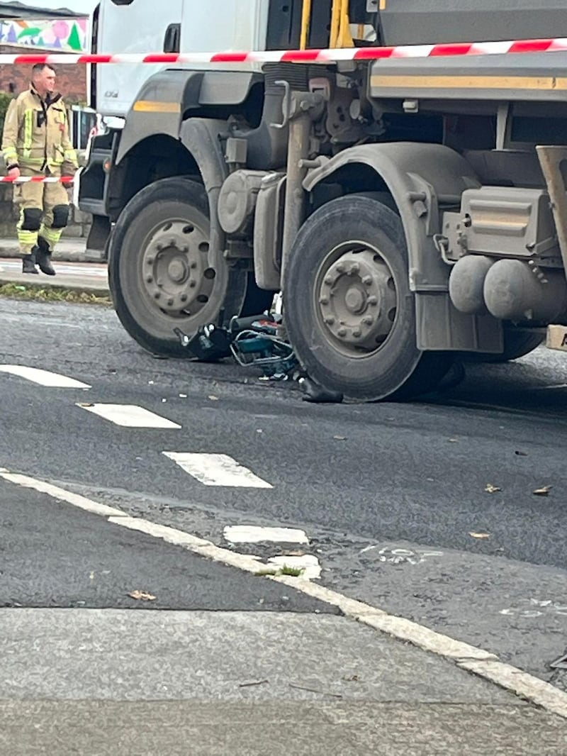 A truck at Barn Bridge, Dolphin's Barn, Dublin, after an earlier collision involving a cyclist. Photograph: Calm Crumlin Road Campaign group