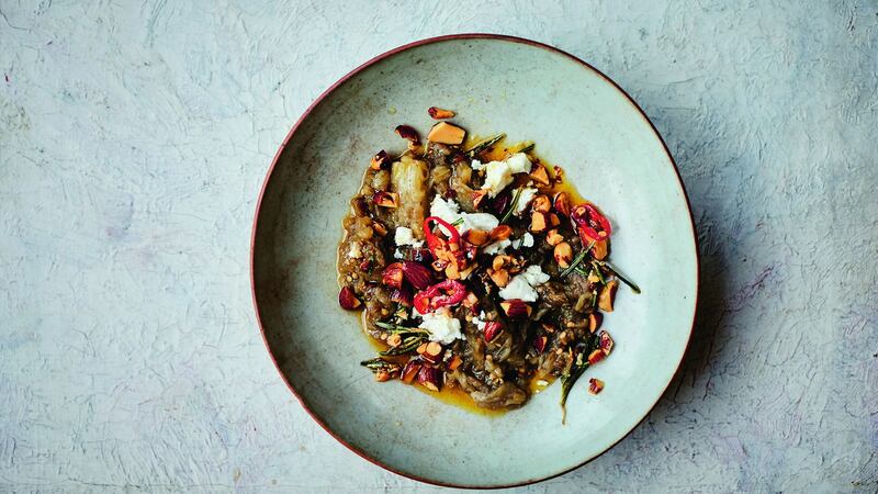 Roast aubergine purée with goat’s curd, smoked almonds, chilli and rosemary