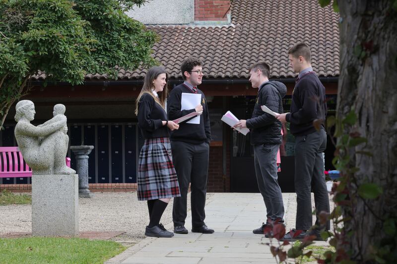 Leaving Certificate students discuss their exams at Lucan Community College. Photograph: Alan Betson 

