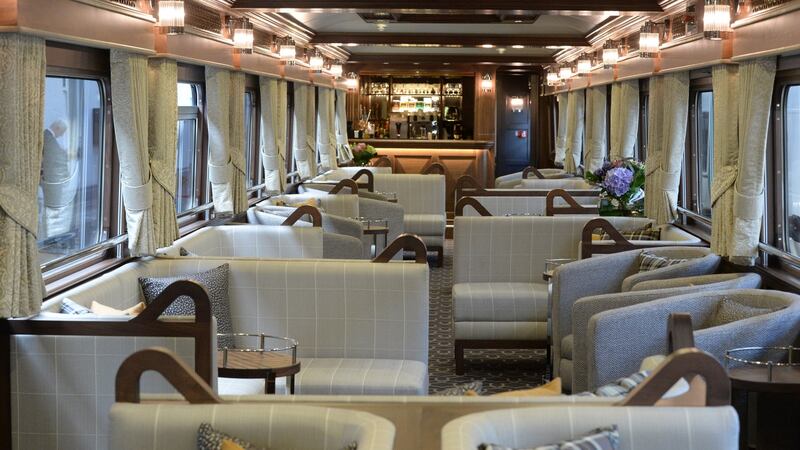 The lounge and bar of The Belmond Grand Hibernian at Hueston Station. Photograph: Cyril Byrne/The Irish Times