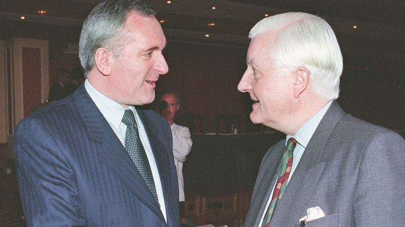 The then taoiseach Bertie Ahern talks to Peter Temple-Morirs at the 15th plenary session of the British-Irish Inter-Parliamentary Body in Cavan. Photograph: Alan Betson