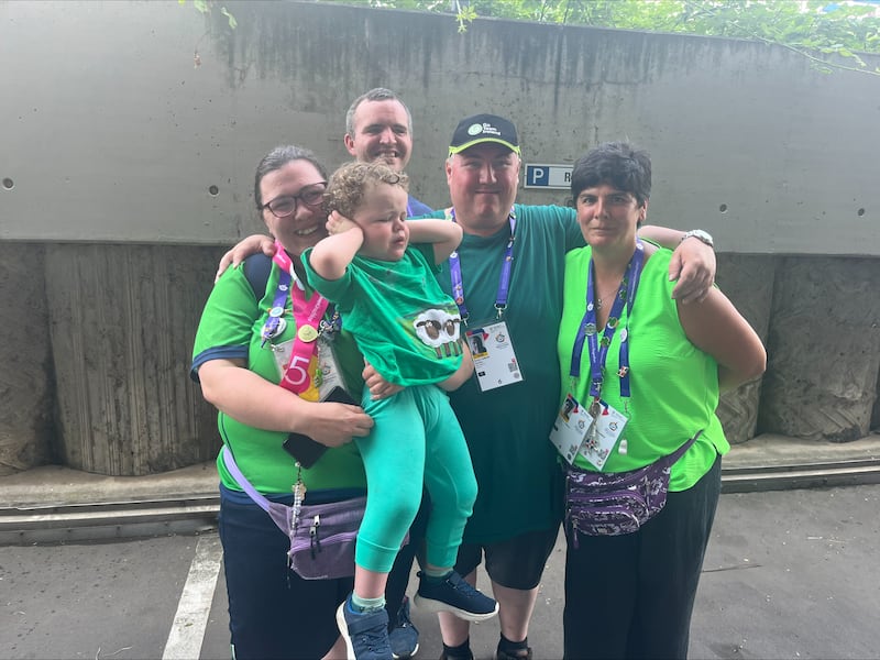 Patricia Larkin, her son Patrick (2) and wider family from Connemara, Co Galway at the Special Olympics. Photo Sarah Burns