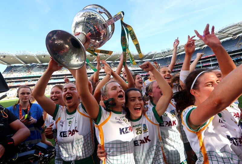 Meath celebrate with the Brendan Martin Cup after the 2022 All-Ireland final. Photograph: Ryan Byrne/Inpho