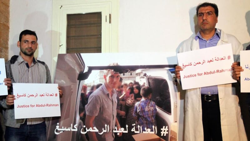 US aid worker Peter Kassig distributing aid in Syria through Special Emergency Response and Assistance, an organisation he founded in 2012 to help refugees. Photograph: EPA