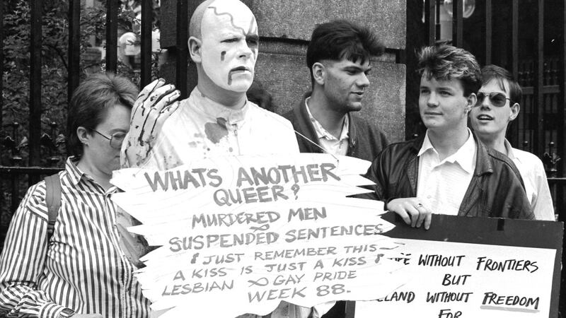 The Diceman Thom McGinty during the lesbian and gay "kiss- in" outside Leinster House, in June 1988, as part of Lesbian and Gay Pride Week. Photograph: Paddy Whelan / The Irish Times