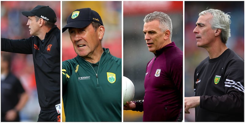 From left to right: Armagh's Kieran McGeeney, Kerry's Jack O'Connor, Galway's Pádraic Joyce, Donegal's Jim McGuinness