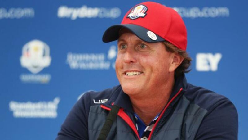 Phil Mickelson of the United States speaks at a press conference ahead of the 2014 Ryder Cup on the PGA Centenary course at the Gleneagles Hotel on September 24, 2014 in Auchterarder, Scotland. (Photo by Andrew Redington/Getty Images)