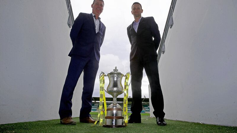 Stephen Kenny and Ian Baraclough ahead of the 2014 Setanta Sports Cup final, in which Sligo Rovers beat Dundalk. Photograph: Donall Farmer/Inpho