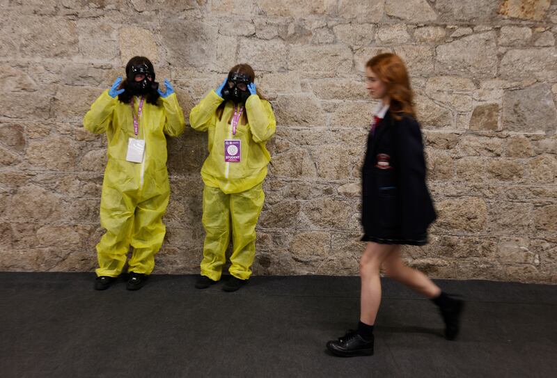 Maeve Brady and Clodagh Gibbons from Loreto Community School, Donegal, entered a project on quantitative analysis of radon into the 60th BT Young Scientist & Technology Exhibition. Photograph: Alan Betson

