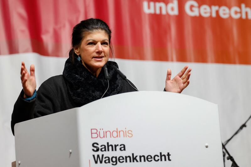 BSW alliance leader Sahra Wagenknecht speaks during a rally at the launch of the party's election campaign in Munich on Monday. Photograph: Michaela Stache/AFP via Getty Images       