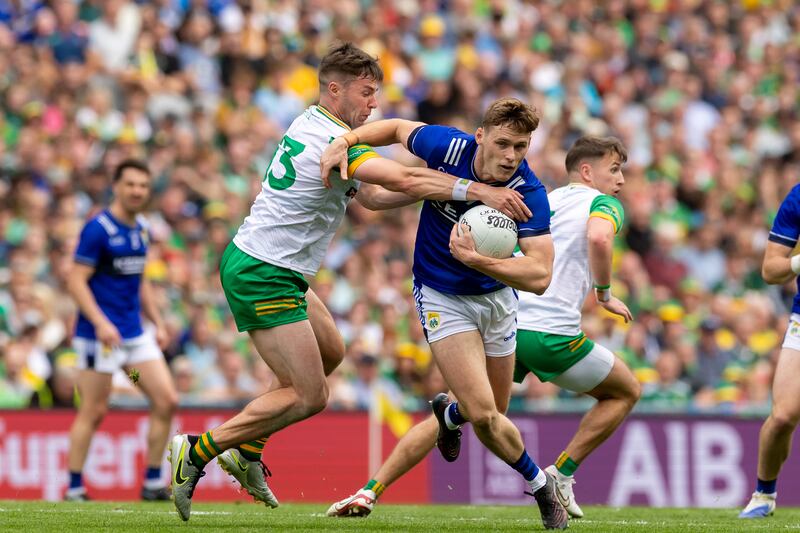 Kerry captain Gavin White is tackled by Jamie Brennan of Donegal during this year's All-Ireland final. Photograph: Morgan Treacy/Inpho