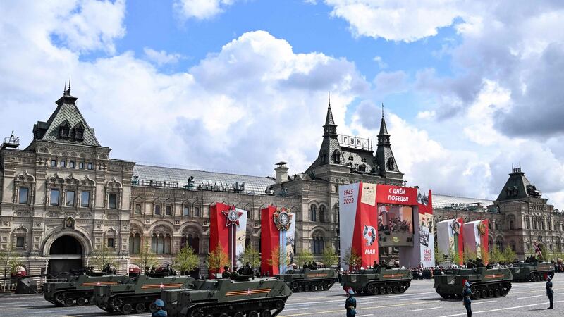 Russian servicemen, who took part in Russia’s military action in Ukraine, ride BTR-MDM Rakushka airborne armored personnel carriers during the Victory Day military parade at Red Square in central Moscow. Photograph: KIRILL KUDRYAVTSEV/AFP via Getty Images