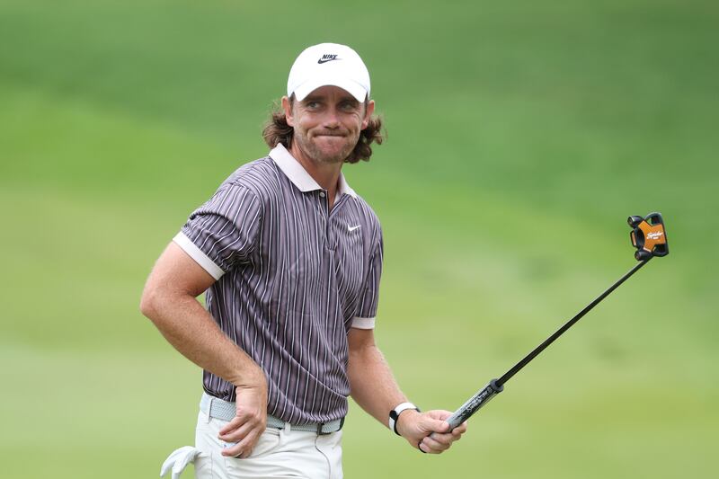 Tommy Fleetwood of England reacts on the 18th green during the third round of the Tour Championship at East Lake Golf Club in Atlanta, Georgia. Photograph: Kevin C Cox/Getty Images