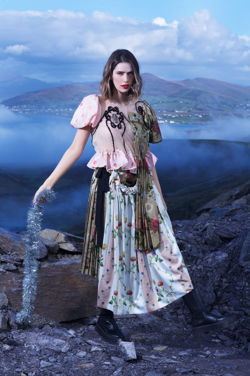 Top €915; skirt €925, both Simone Rocha at Havana; Green Swarovski earrings, Momuse, €120