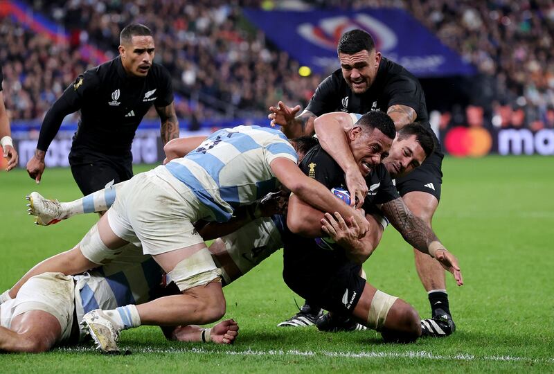 Shannon Frizell gets over to score New Zealand's fifth try during the Rugby World Cup semi-final against Argentina at Stade de France. Photograph: David Rogers/Getty Images