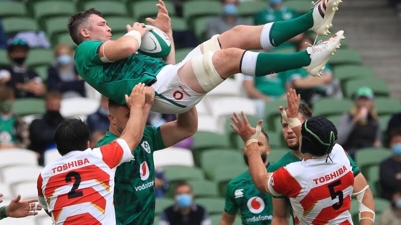 Peter O’Mahony catches a ball from a lineout. Photo: Donall Farmer/AFP via Getty Images