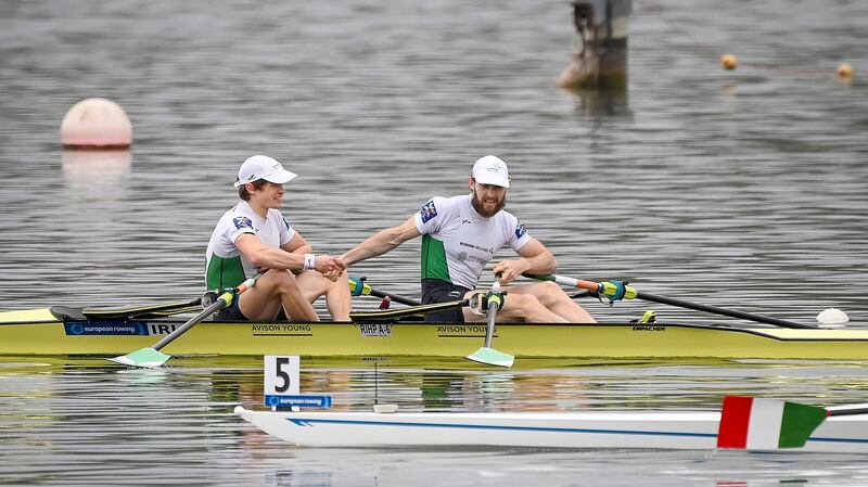 Ireland’s Fintan McCarthy and Paul O’Donovan celebrate after winning the Lightweight Men’s Double A final at the European Rowing Championships in Varese, Italy on Sunday.  Photograph: Detlev Seyb/Inpho