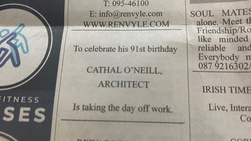 Personal ad on the back page of Tuesday’s Irish Times