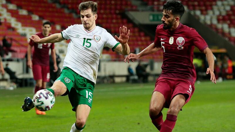 Jayson Molumby looks to go past Tarek Salman. Photo: Trenka Attila/PA Wire