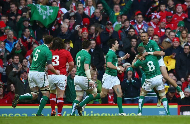Simon Zebo celebrates scoring a try with his Ireland team-mates during the Six Nations game against Wales at the Millennium Stadium in Cardiff  in 2013. Photograph: Michael Steele/Getty Images