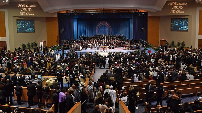 Mourners attend Aretha Franklin’s funeral  in Detroit, Michigan, US. Photograph: Angela Weiss/AFP/Getty Images