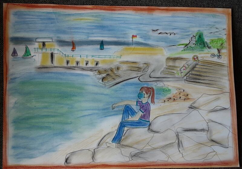 RUNNER UP: Aoife Clinch, aged 11. ‘My picture is of a girl with a mask dreaming of summer at Salthill Beach. I used pastels pencils and crayons.’