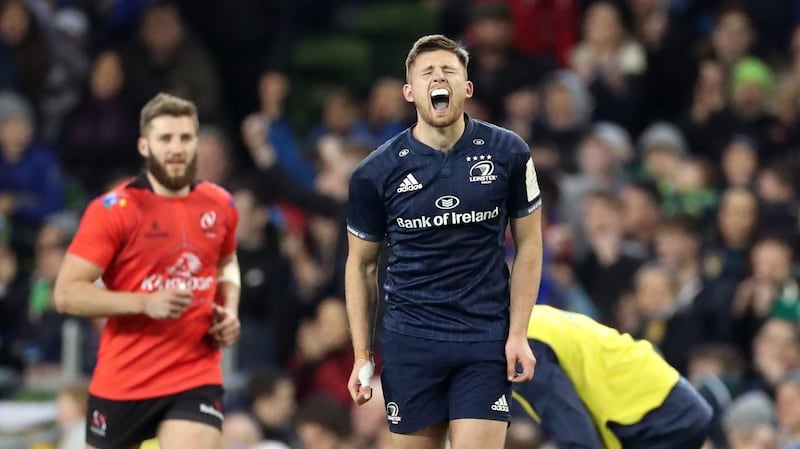 Leinster’s Ross Byrne reacts after kicking a penalty to take the lead against Ulster in the Champions Cup quarter-final. Photograph:  Billy Stickland/Inpho