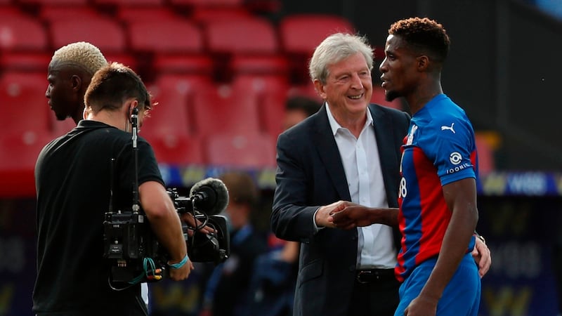Crystal Palace manager Roy Hodgson congratulates Wilfried Zaha after his side’s narrow victory over Southampton. Photograph: Alastair Grant/Getty/AFP