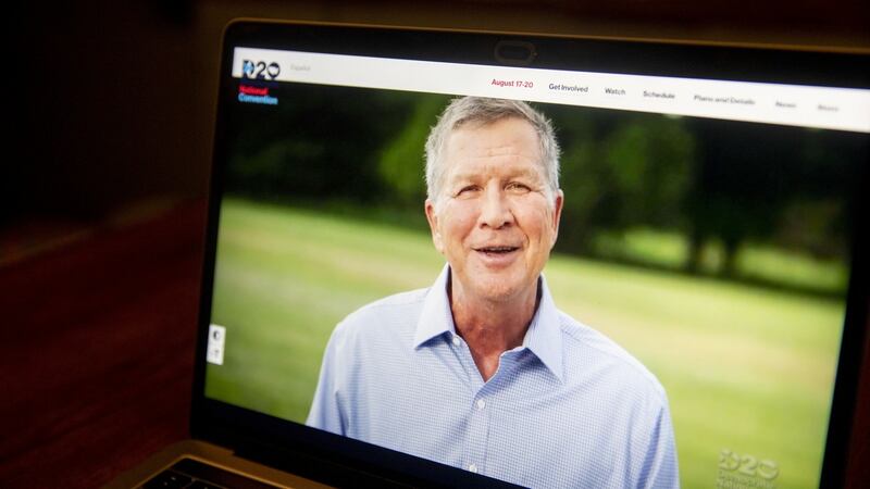 Republican John Kasich, former governor of Ohio, speaks during the virtual Democratic National Convention seen on a laptop computer in Tiskilwa, Illinois. Photograph: Bloomberg