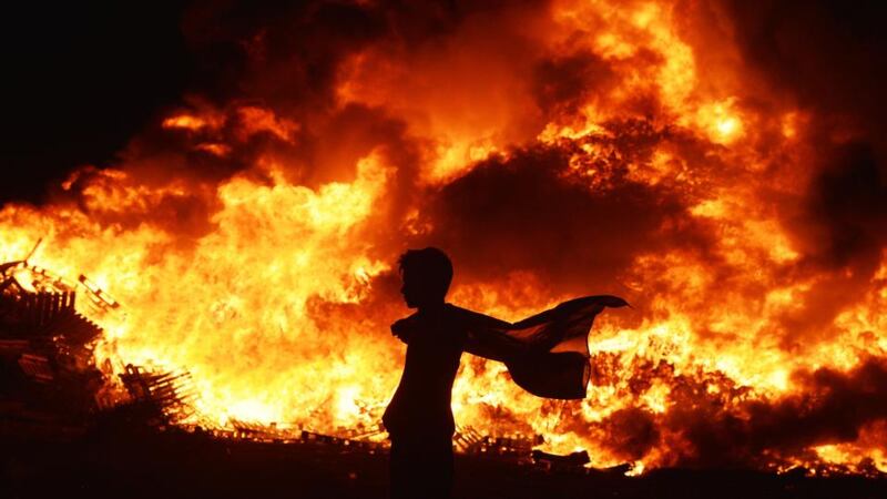 Fanning the flames: the Eleventh Night fire at the New Mossley estate in Belfast, the largest bonfire in Northern Ireland. Photograph: Charles McQuillan/Getty
