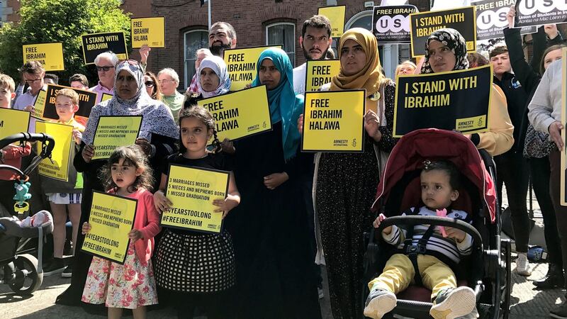 Campaigners join the sisters of Ibrahim Halawa, (from left) Nosayba, Somaia, Omaima, Fatima and Khadija,  at a protest two weeks ago outside the Egyptian embassy in Dublin as he marked four years in a Cairo jail. File photograph: Ed Carty/PA Wire
