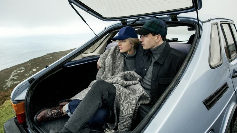 Baseball cap in navy cotton velvet €90 and  baseball cap in Black Watch Harris tweed and black wool peak €90. Photograph: Eilish McCormick