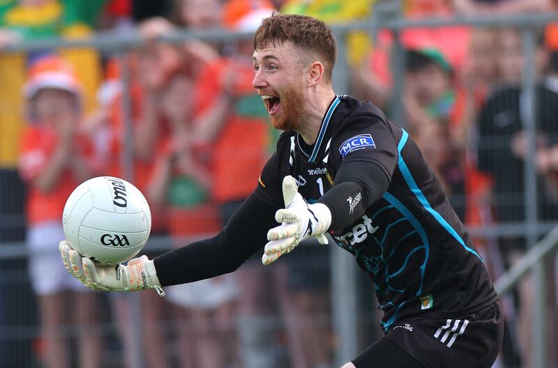 Donegal’s goalkeeper Shaun Patton celebrates saving the winning penalty in the Ulster final at Clones. Photograph: James Crombie/Inpho 