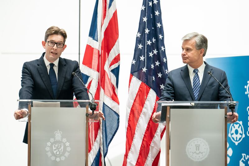 MI5 director general Ken McCallum (left) and FBI director Christopher Wray at a joint press conference in London in July. Photograph: Dominic Lipinski/PA Wire