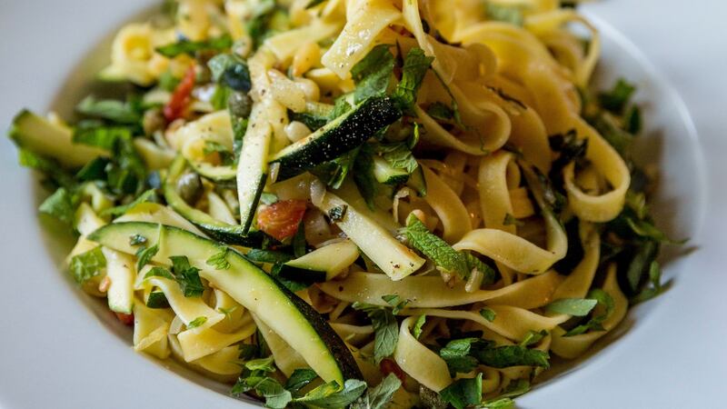 Pasta with courgettes, lemon, pine nuts and herbs