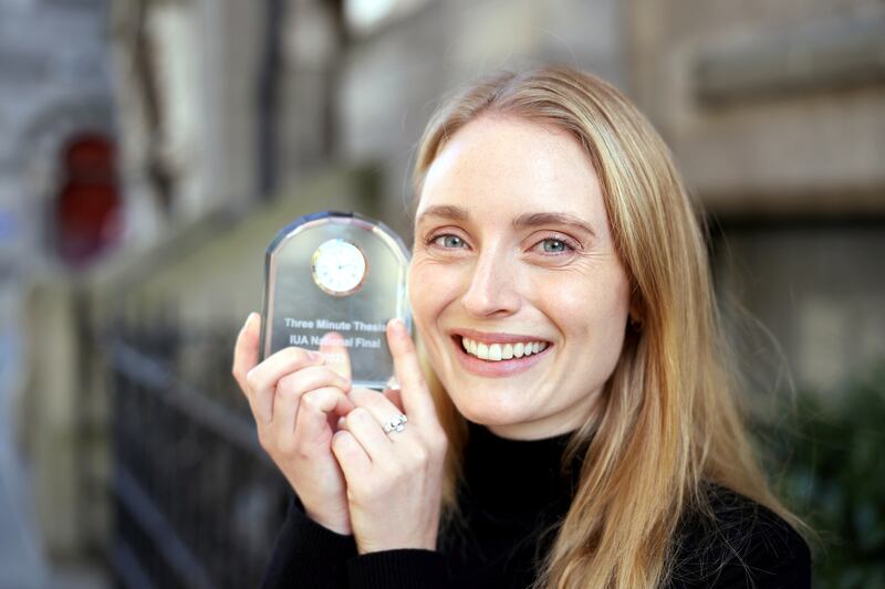 Lianne Shanely, a PhD student at Trinity College Dublin, was named the first-ever Three Minute Thesis competition winner hosted by Irish University Association at the Royal Irish Academy. Photograph: Jason Clarke. 