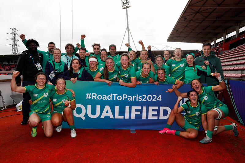 Ireland players celebrate qualification for the 2024 Paris Olympic Games. Photograph: Martin Seras Lima/Inpho