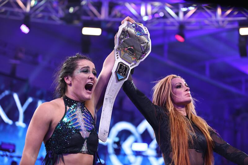 Lyra Valkyria with the woman who inspired her to take up wrestling, Becky Lynch. Photograph: Matt Pendleton/WWE