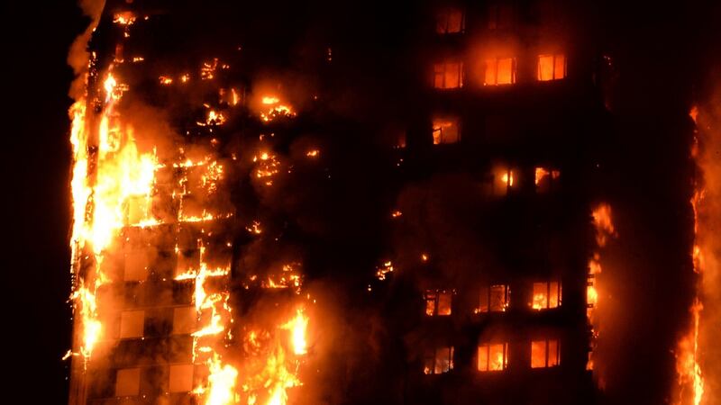 This image received by local resident Giulio Thuburn early on Wednesday shows flames engulfing a 27-storey block of flats in west London. Photograph: Getty/AFP