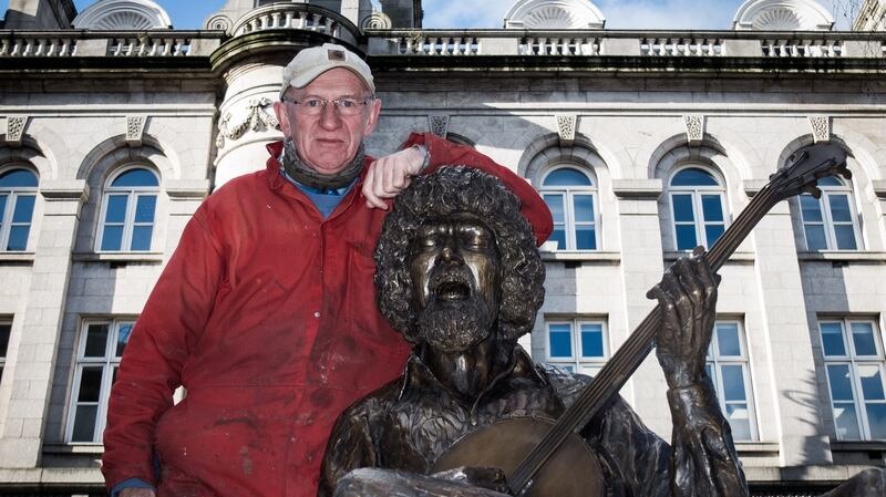 John Coll and his Luke Kelly sculpture on Two Lukes. Photograph: Bernadette Ní Ghallachoir